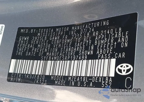 2024 Toyota Corolla Le из США, поврежденный, VIN 5YFB4MDE5RP197499